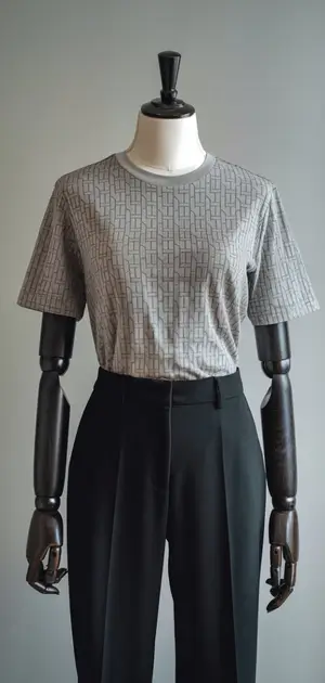 Mannequin displaying a geometric patterned T-shirt and black trousers