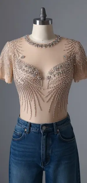 Mannequin displaying a nude, pearl-embellished T-shirt