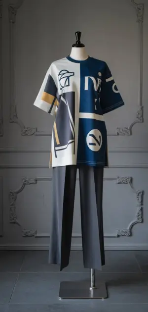 Mannequin dressed in a bold blue and grey polyester t-shirt with modern art designs
