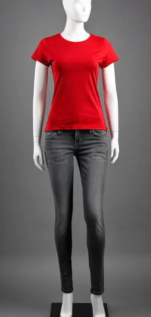 Red T-shirt combined with charcoal grey jeans on a mannequin