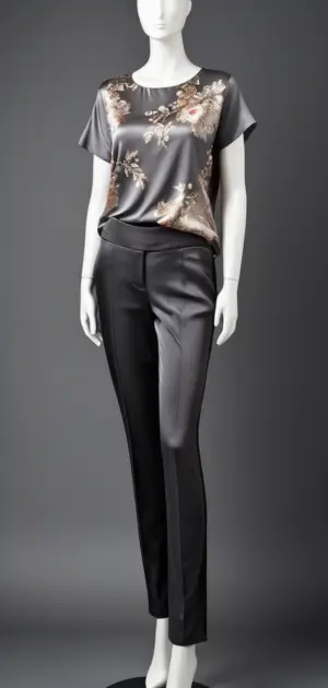 Mannequin in a grey silk t-shirt and black trousers