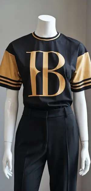 Black and gold T-shirt with the letter B, paired with black trousers