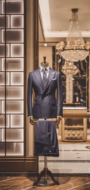Luxury patterned tailored suit on display