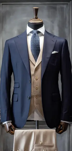 Navy and tan tailored three-piece suit