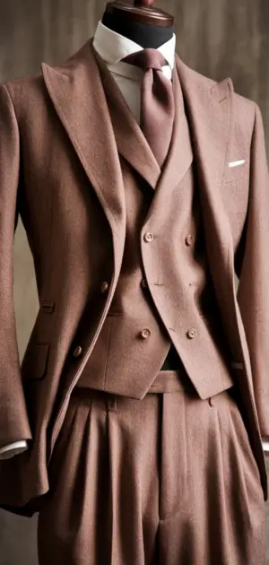 Brown tailored three-piece suit with tie