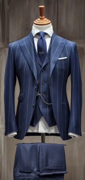 Dark blue pinstripe tailored three-piece suit