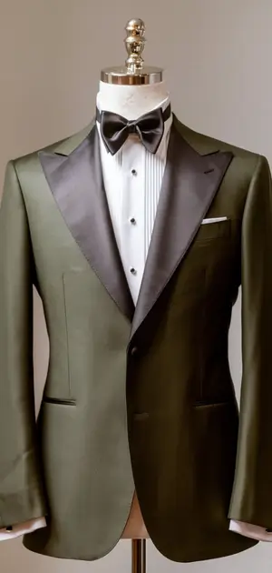 Olive green tuxedo suit with satin lapel
