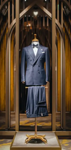 Navy tailored fit suit displayed in elegant interior