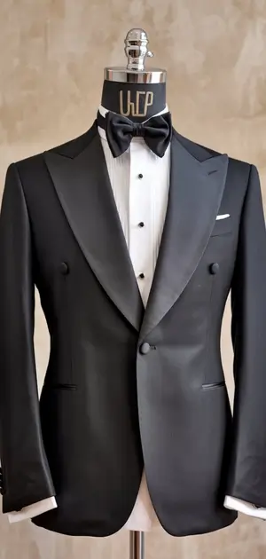Black tuxedo suit with peaked lapel