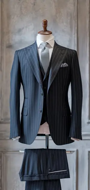 Dark blue pinstripe three-piece suit on display