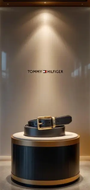 Black belt with gold buckle in a softly lit Tommy Hilfiger display