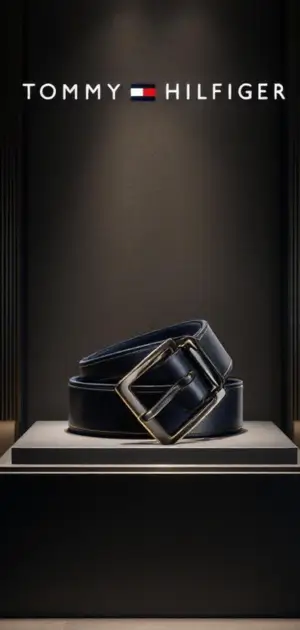 Black Tommy Hilfiger belt with a bold square buckle