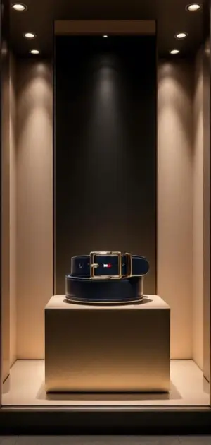 Tommy Hilfiger belt with gold buckle and logo in spotlight