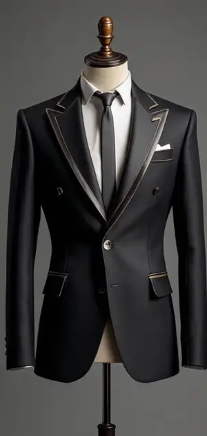 A black blazer with gold trim, satin lapels, and a black tie on a mannequin