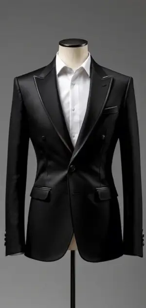 A classic black blazer with satin lapels, paired with a white dress shirt on a mannequin