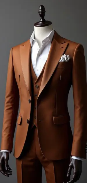 brown blazer with a matching waistcoat, white shirt, and pocket square on a mannequin