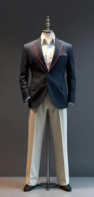 Navy blazer with red piping and cream trousers