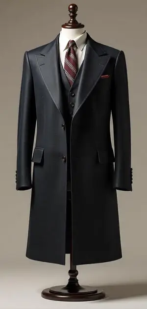 Navy blue Tommy Hilfiger coat with a three-piece suit and red tie