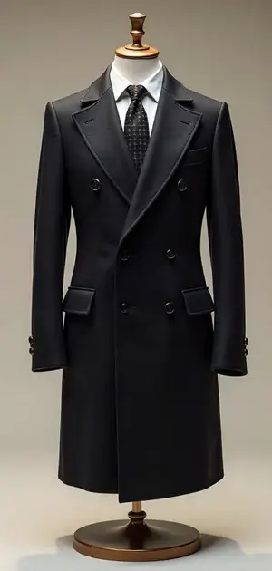 Black double-breasted Tommy Hilfiger men's coat with peaked lapels