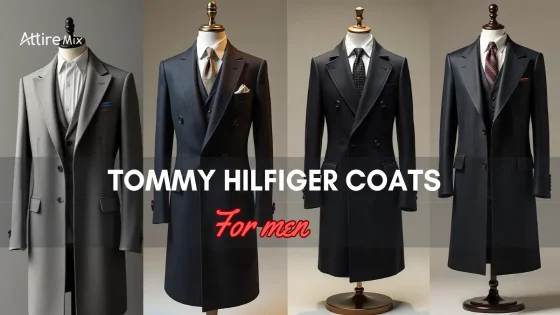Four stylish Tommy Hilfiger Coats For men in various colours and designs on mannequins