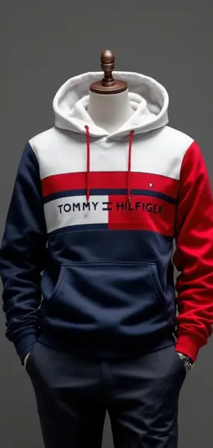 Colour-blocked navy, red, and white Tommy Hilfiger hoodie for men