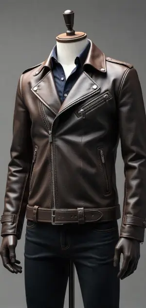 Brown leather biker jacket with belt and zippers, paired with dark jeans on a mannequin.