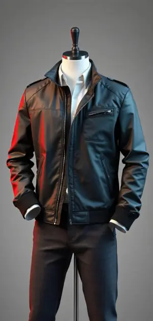 Black leather jacket with zippered pockets, styled over a white shirt on a mannequin