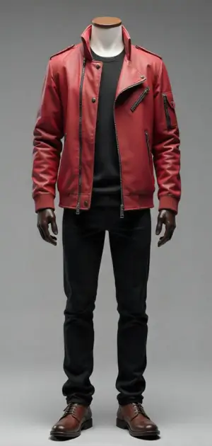 Red leather jacket with zip accents, paired with black pants and brown shoes on a mannequin