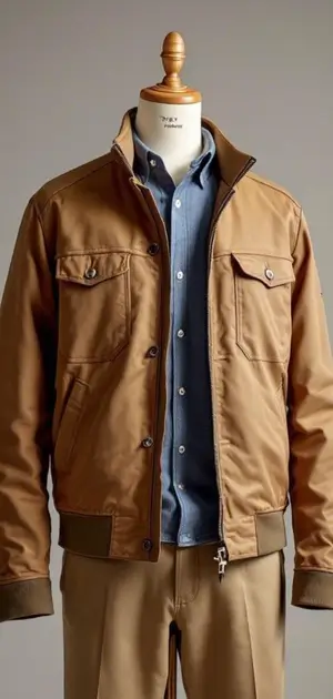 Brown Tommy Hilfiger jacket with flap pockets styled over a denim shirt