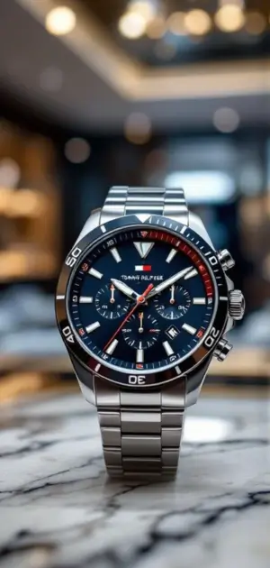 A Tommy Hilfiger silver chronograph watch with a blue dial