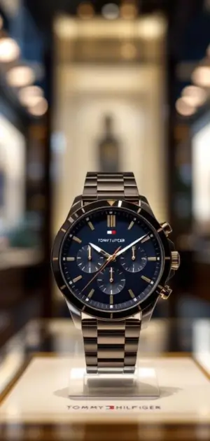 A Tommy Hilfiger silver watch with a blue dial and chronograph features