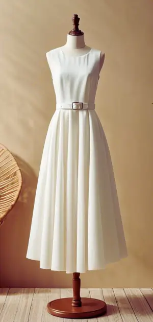 White halter neck dress with a flowing chiffon skirt.