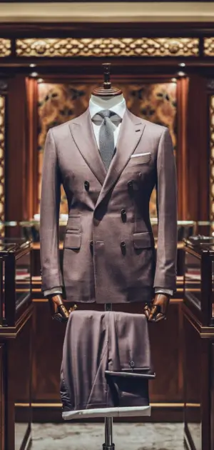 Sharp light purple cotton suit on display in a rich setting