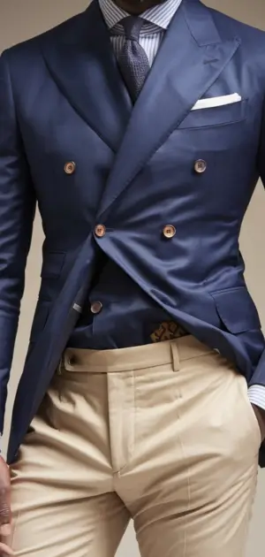A stylish man donning a navy double-breasted suit paired with khaki trousers