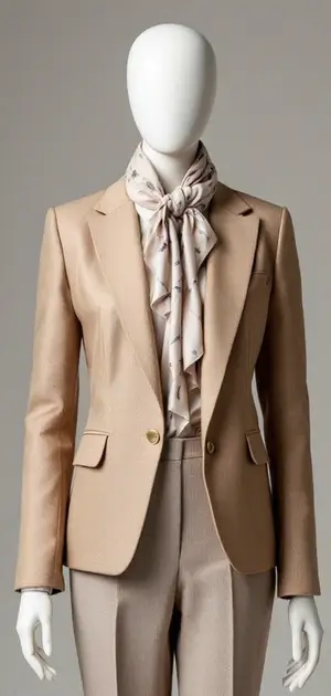 Light beige blazer styled with a pussy bow blouse