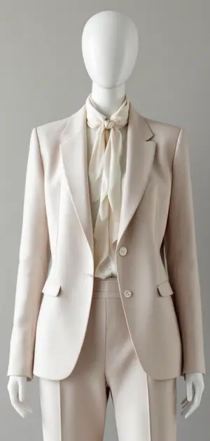Neutral beige blazer paired with a silk scarf
