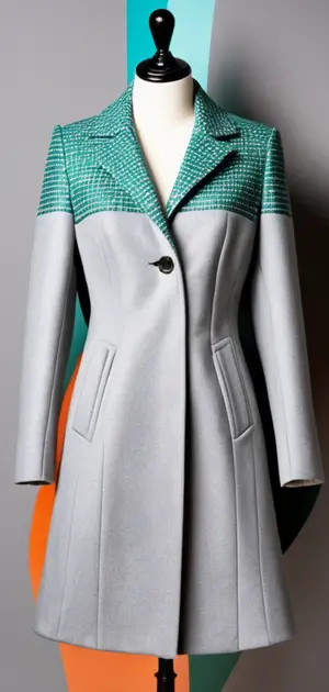 Grey coat with geometric green collar