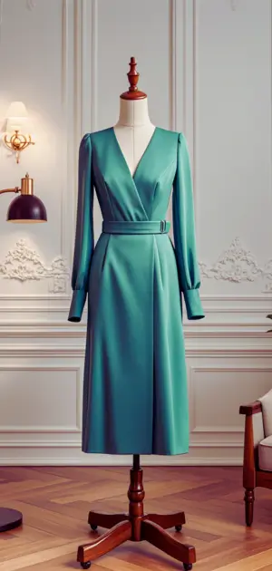 Woman wearing a modern formal gown with metallic tones.