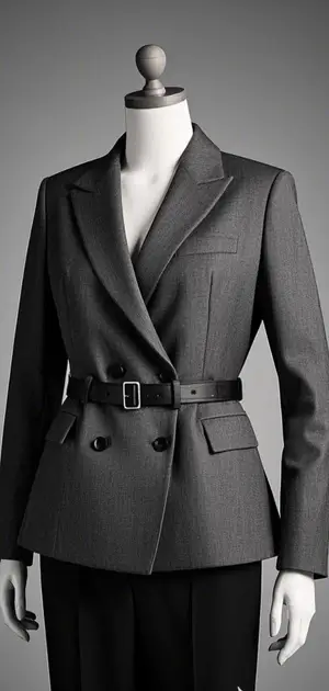 Classic belted grey jacket on display