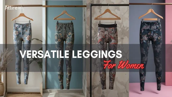 Four floral-print leggings for women hanging on wooden hangers in a stylish setting.
