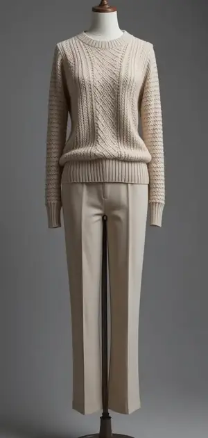 Mannequin featuring a beige sweater paired with light beige trousers