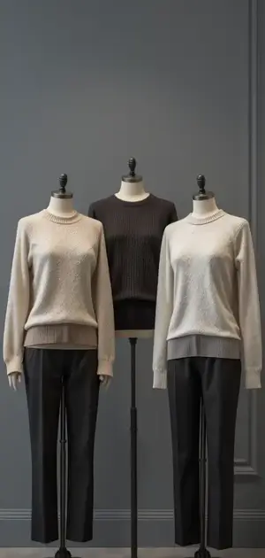 Three different sweater styles on mannequins in neutral tones