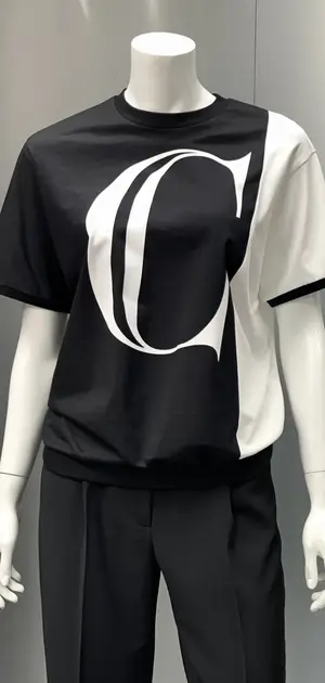 Black and white T-shirt with a large letter C design on a mannequin