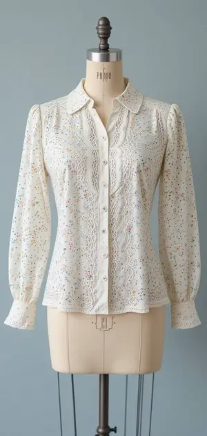 A vintage ivory blouse featuring lace embellishments, dotted prints, and puffed sleeves.