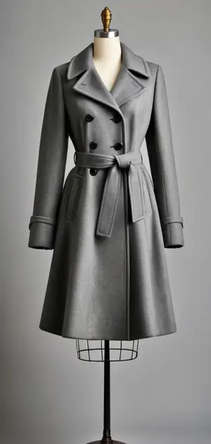 Grey double-breasted belted coat on mannequin