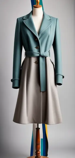 Teal and grey belted coat on mannequin