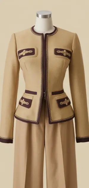 Vintage cream jacket with purple accents on display