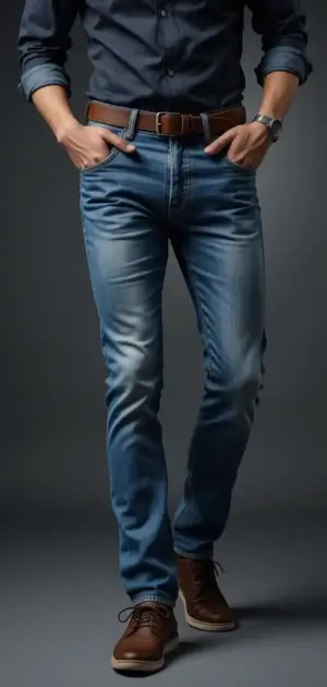 Man in faded vintage jeans with a brown belt and brown lace-up boots.