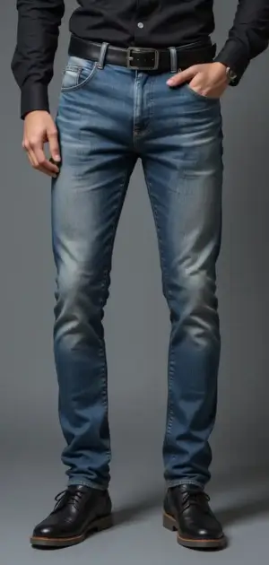Man in light-washed vintage jeans with a black belt and dress shoes