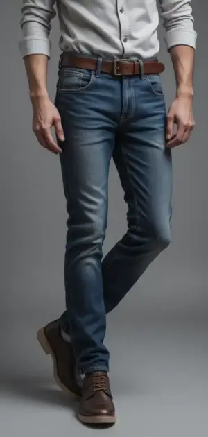 Man wearing vintage-style blue jeans with a brown belt and boots